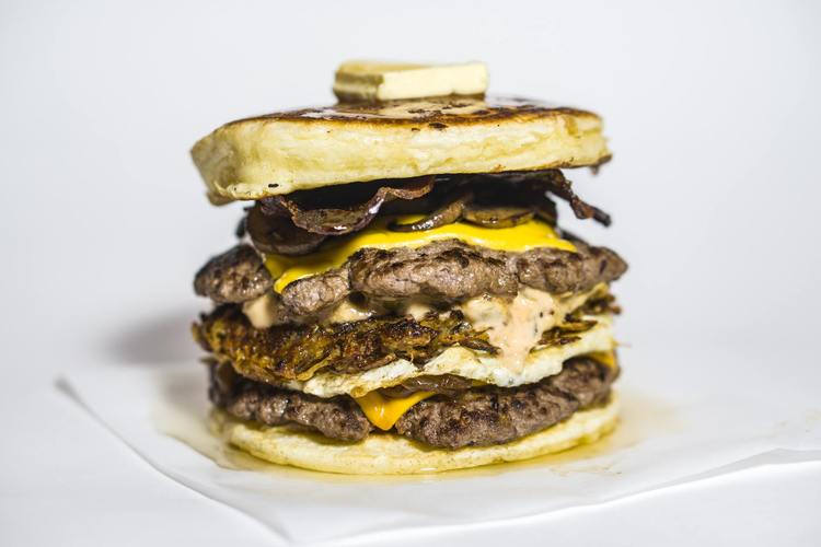 Paleo Pancake Burger with Cheese, Eggs, Bacon and Hash Browns